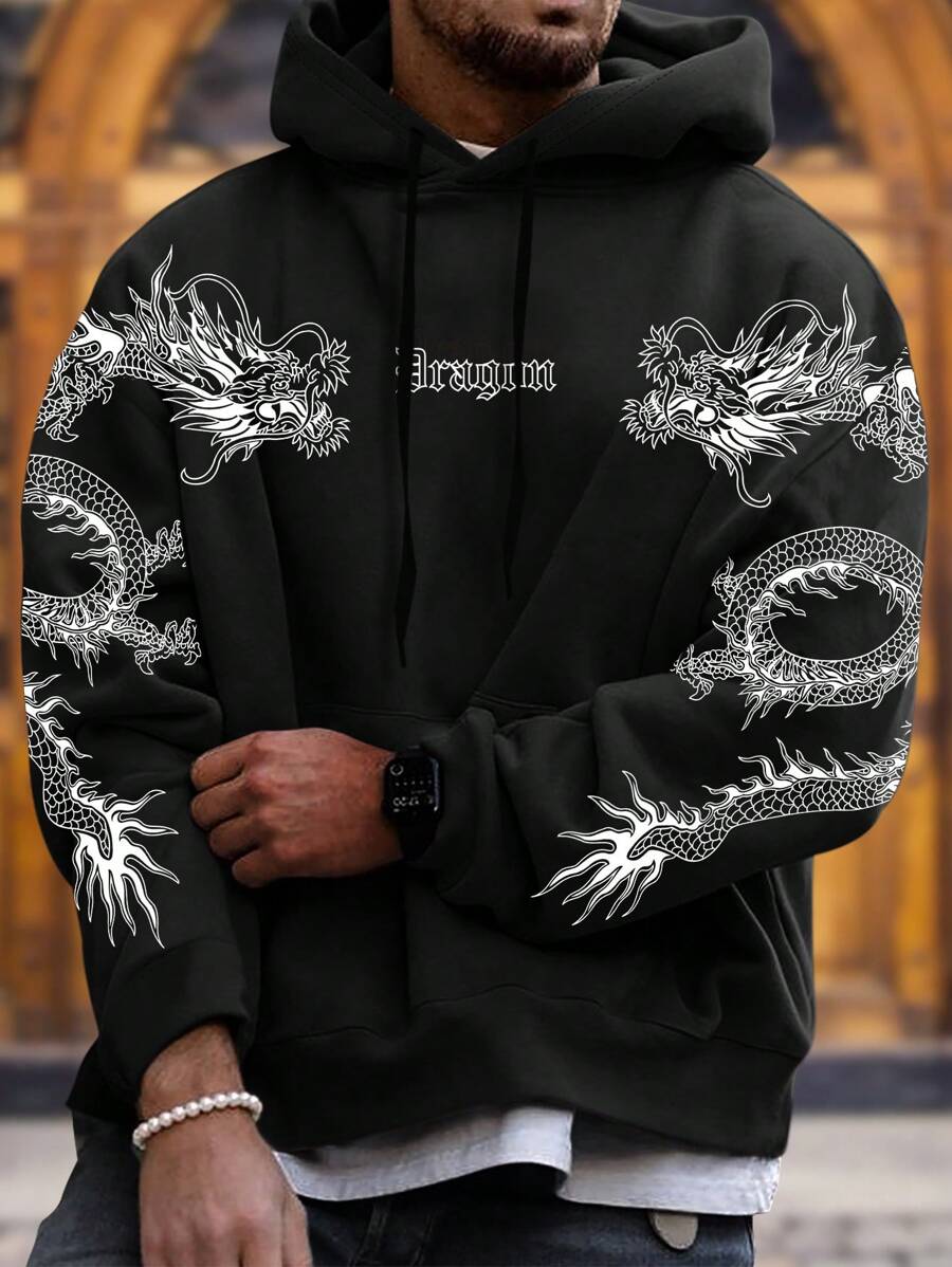 Manfinity LEGND Loose Fit Men's Dragon & Letter Graphic Drawstring Hooded Sweatshirt - Black - View 1