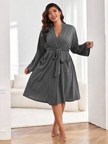 大碼雙口袋附腰帶睡袍不附內衣 - 深灰色 - 查看 4