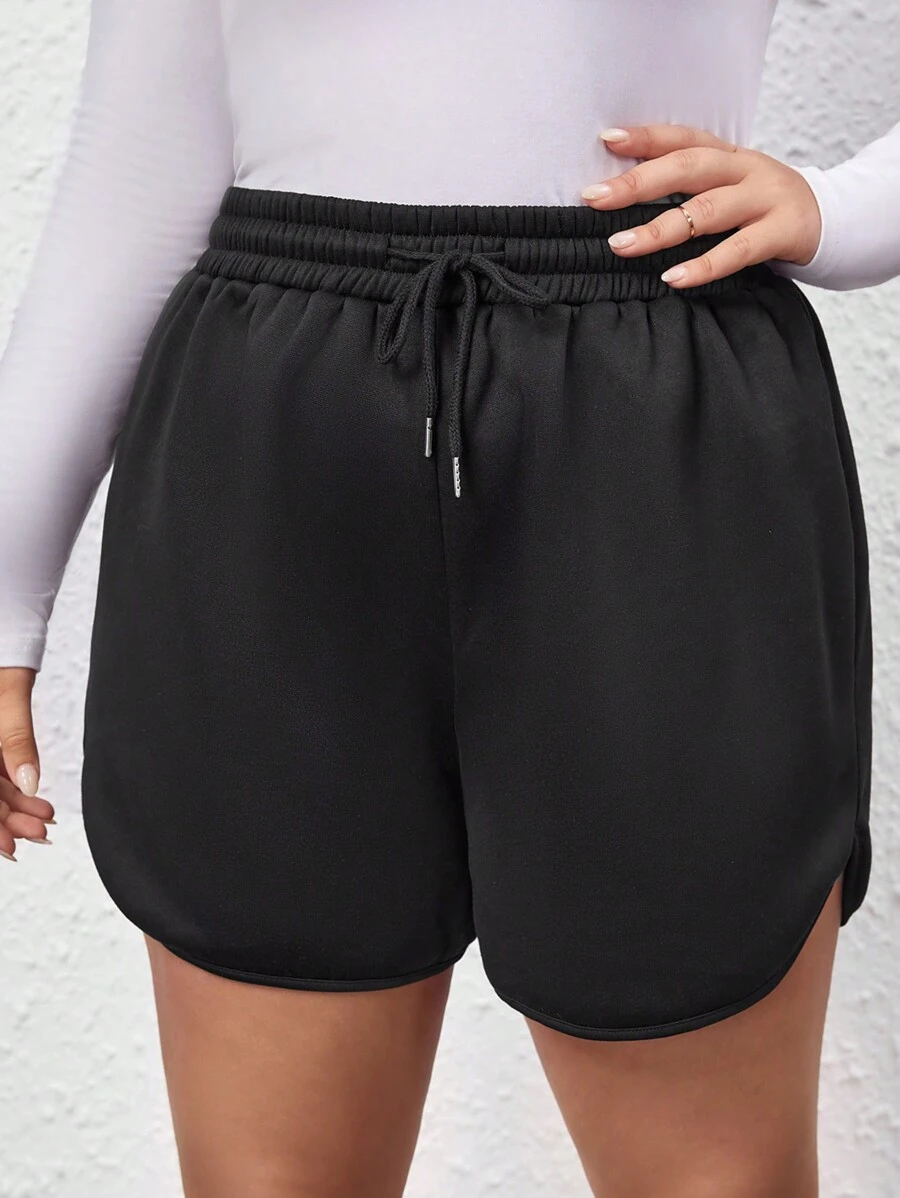 SHEIN LUNE Plus Drawstring Waist Dolphin Hem Shorts - Black - View 1