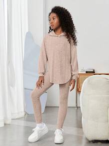 SHEIN Tween Girls Drop Shoulder Curved Hem Hooded Tee & Leggings