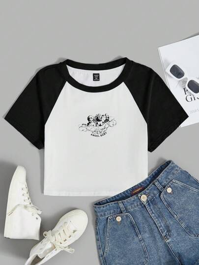 SHEIN EZwear プラス 日本語文字＆フローラルプリント ラグランスリー SHEIN EZwear プラス 日本語文字＆フローラルプリント ラグラン