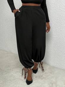 Slaydiva 大碼圖案印花下擺打結長褲 - 黑色 - 查看 5