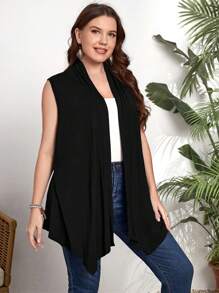 EMERY ROSE Chaleco abierto de talla grande de color sólido para otoño/invierno - Negro - Ver 3