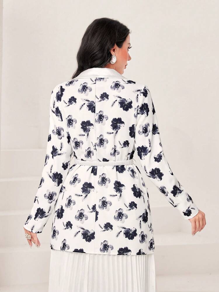Floral Print Lapel Neck Belted Longline Blazer Fall Cloth For Women