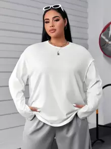 SHEIN EZwear Plus Solid Drop Shoulder Tee - White - View 3