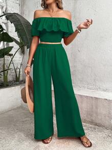 Breezaya Off Shoulder Ruffle Trim Crop Top & Wide Leg Pants - Dark Green - View 6