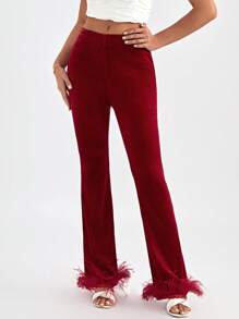 SHEIN Privé Fuzzy Hem Velvet Flare Leg Pants