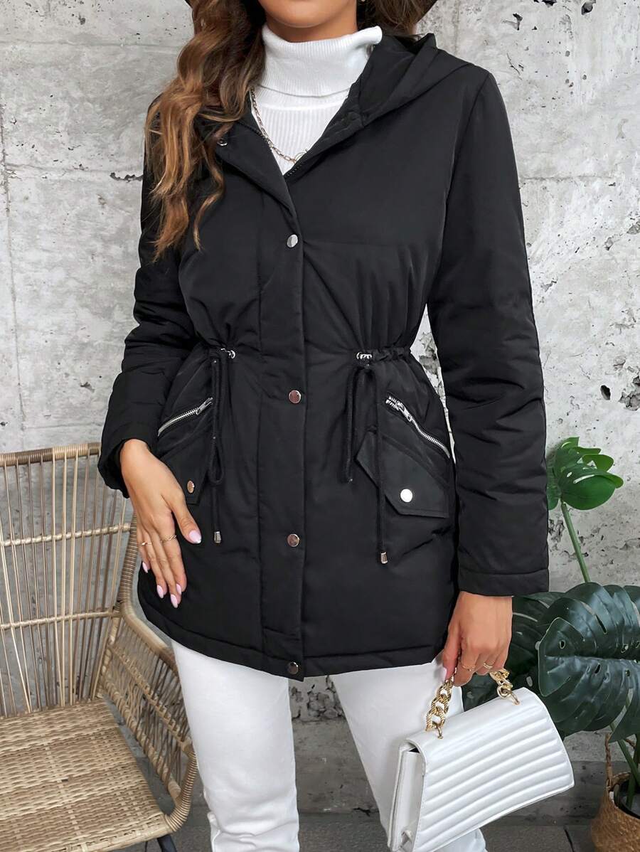 SHEIN LUNE 抽绳腰部连帽棉服外套 - 黑色 - 查看 1