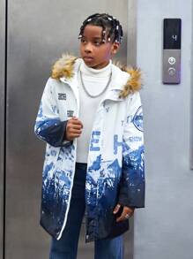 SHEIN Tween Boy Letter Graphic Fuzzy Trim Hooded Padded Coat - Multicolor - View 6