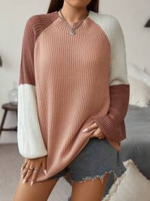 Flirla Plus Colorblock Raglan Sleeve Sweater, For Winter Knit Pullover Fall Autumn - Multicolor - View 3