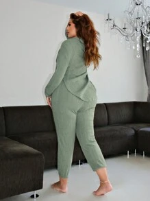 SHEIN SXY Plus Solid Hooded Tee & Pants - Green - View 4