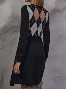 SHEIN LUNE Argyle Pattern Button Front Sweater Dress - Black - View 2