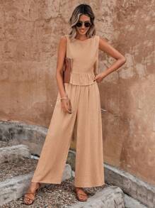 SHEIN Unity 後背鈕扣荷葉邊下擺上衣 & 闊腿褲 - 粉色 - 查看 5