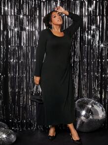 SHEIN CURVE+ Talla grande Vestido estilo camiseta de cuello cuadrado - Negro - Ver 6