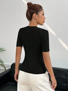 SHEIN EZwear Solid Ribbed Knit Tee - Black - View 2