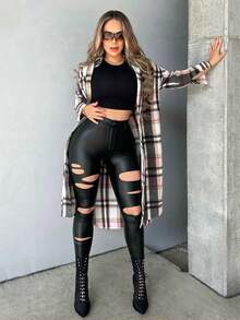 SHEIN Essnce 格紋印花落肩袖開門襟花呢外套 - 彩色 - 查看 4