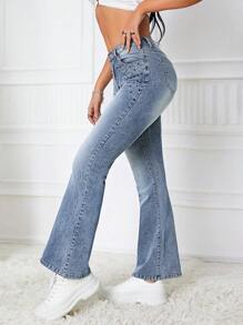 SHEIN ICON 水鑽細節牛仔喇叭褲 - 淺色水洗藍 - 查看 4