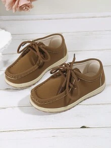 1pair Unisex Kids Casual Breathable Mark Leather Flats Suitable For Spring, Summer And Fall - Brown - View 3
