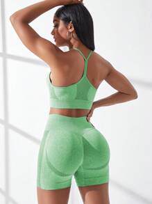 SHEIN Core Rhythm 無縫運動內衣背心連車手短褲，女排球套裝 - 綠色 - 查看 4