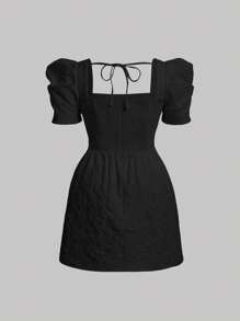 SHEIN MOD Plus Jacquard Square Neck Puff Sleeve Tie Backless Dress - Black - View 2