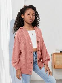 SHEIN 女大童麻花編織落肩袖連帽開襟衫 - 粉色 - 查看 3