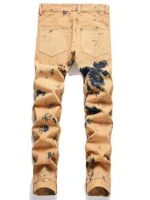 男士紮染破洞抽鬚牛仔褲 - 黃色 - 查看 2