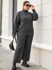 RueChic Plus Turtleneck Drop Shoulder Sweater & Knit Pants, For Winter - Dark Grey - View 3