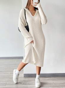 Flirla 落肩袖連帽毛衣洋裝 - 白色 - 查看 5