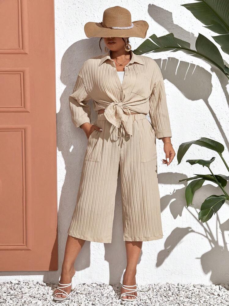 SHEIN Frenchy Plus Drop Shoulder Shirt & Tie Front Pants - Apricot - View 7