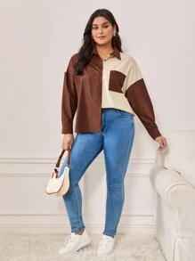 SHEIN Frenchy 大碼撞色落肩袖襯衫 - 彩色 - 查看 4