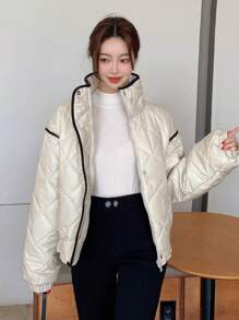 DAZY Áo khoác có túi dày, viền rút dây, khóa kéo, chần bông, quần áo mùa đông cho nữ, áo khoác mùa đông cho nữ - Màu be - Xem 8