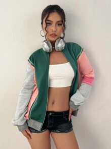 SHEIN Unity Áo khoác nhẹ có khóa kéo họa tiết tương phản thời trang thường ngày dành cho nữ, Xuân/Thu - Nhiều màu - Xem 4