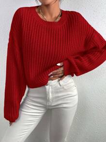 Chiquease Solid Ribbed Knit Drop Shoulder Sweater For New Year,Long Sleeve Tops Knit Pullover Fall Winter Sweater - Red - View 6