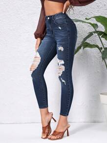 SHEIN Essnce High Waist Ripped Skinny Jeans - Dark Wash - View 4