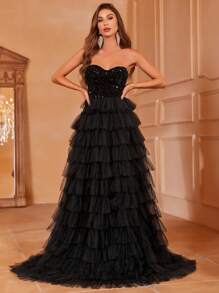 Faeriesty 华丽亮片礼服，层叠薄纱裙摆，高开衩设计 | 适合盛大晚宴、婚礼和戛纳派对的奢华晚礼服，优雅迷人