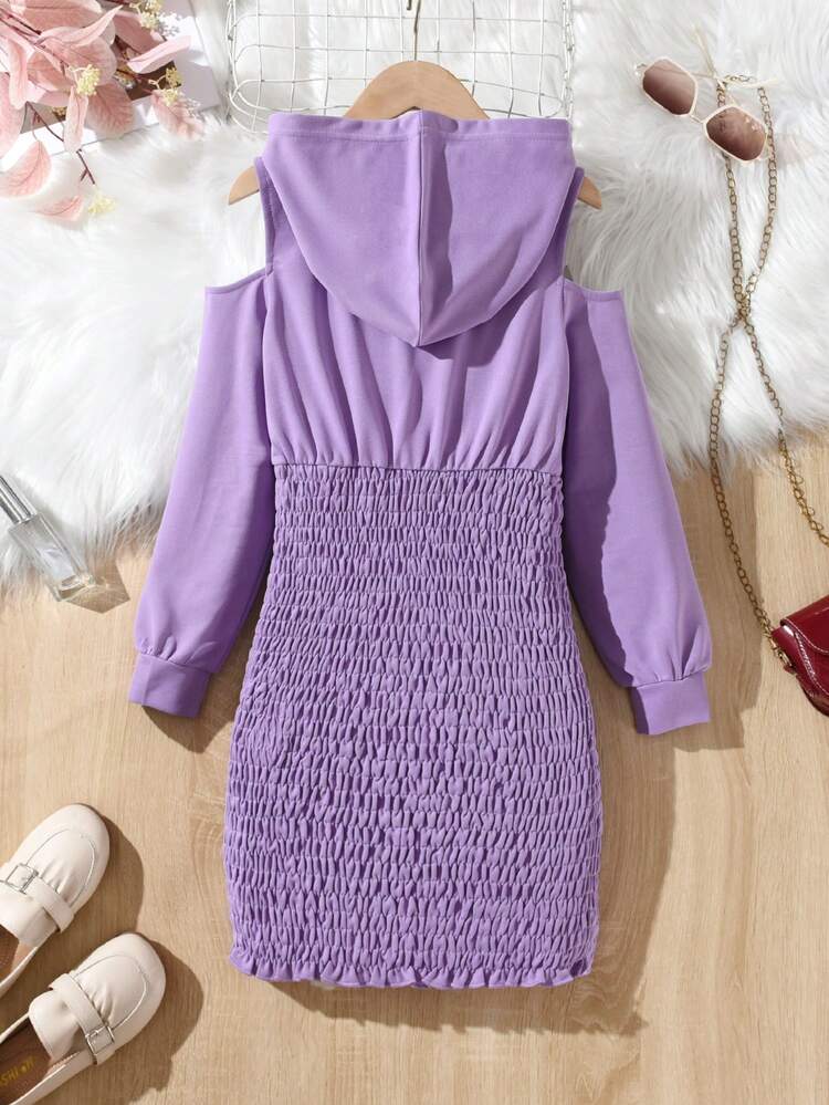 Tween Girl Solid Cold Shoulder Hooded Dress
