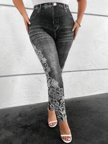 SHEIN Clasi 大碼牛仔效果和印花緊身打底褲