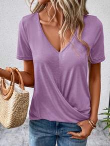 SHEIN LUNE Chất rắn Đan chéo Áo thun - Màu tím hoa cà - Xem 5
