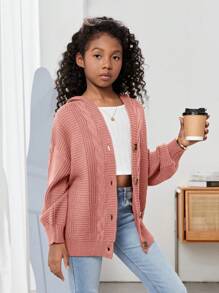 SHEIN 女大童麻花編織落肩袖連帽開襟衫 - 粉色 - 查看 5