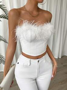 Chiquease Fuzzy Trim Bustier Crop Tube Top - White - View 4