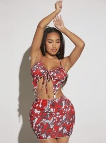 SHEIN SXY In hoa Tie Trước Cami ngọn & Váy bodycon - Đỏ - Xem 3