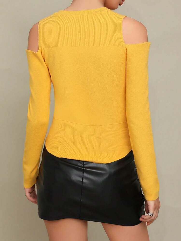 Cold Shoulder Button Detail Ribbed Knit Sweater