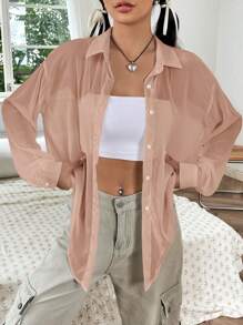 SHEIN EZwear Chất rắn Nút phía trước Thả vai Áo sơ mi - màu nâu - Xem 3