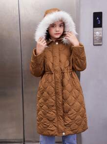 SHEIN Tween Girl Fuzzy Trim Hooded Drawstring Waist Padded Coat