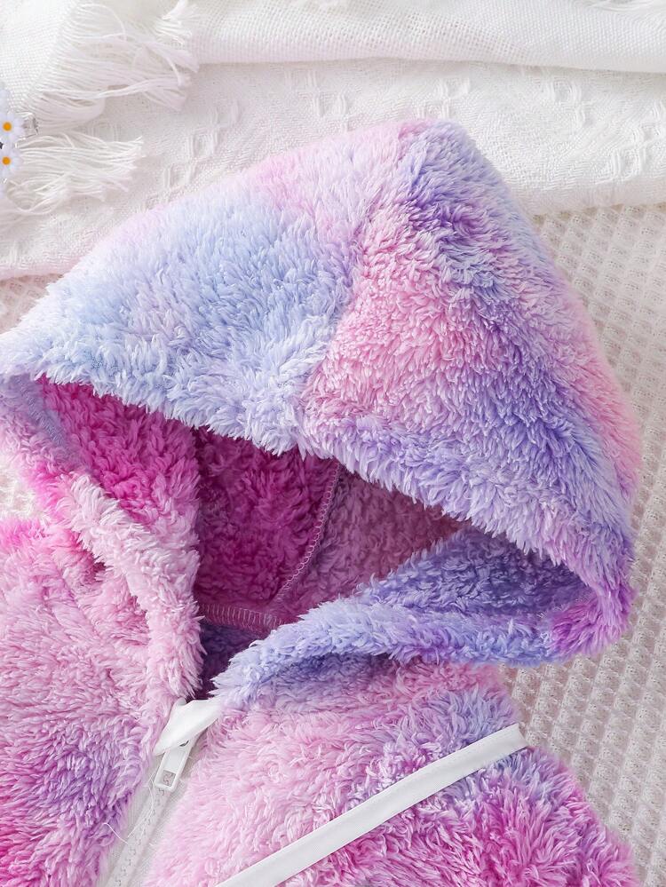 Baby Girl Tie Dye Bear Patched Striped Trim Hooded Teddy Jacket With Bag