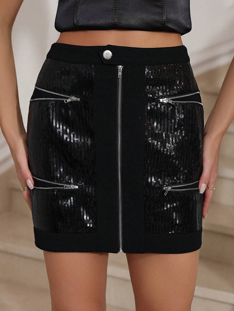 Zip Up Sequin Bodycon Skirt