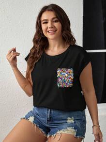 SHEIN LUNE 夏季撞色亮片贴袋蝙蝠袖 T 恤 - 黑色 - 查看 6