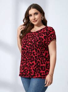 SHEIN LUNE Talla grande Blusa con estampado de leopardo de manga murciélago - Rojo - Ver 2