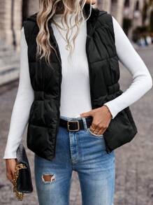 SHEIN Frenchy 拉链连帽背心夹棉外套 - 黑色 - 查看 1