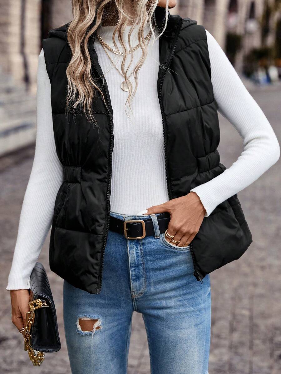 SHEIN Frenchy 拉链连帽背心夹棉外套 - 黑色 - 查看 1